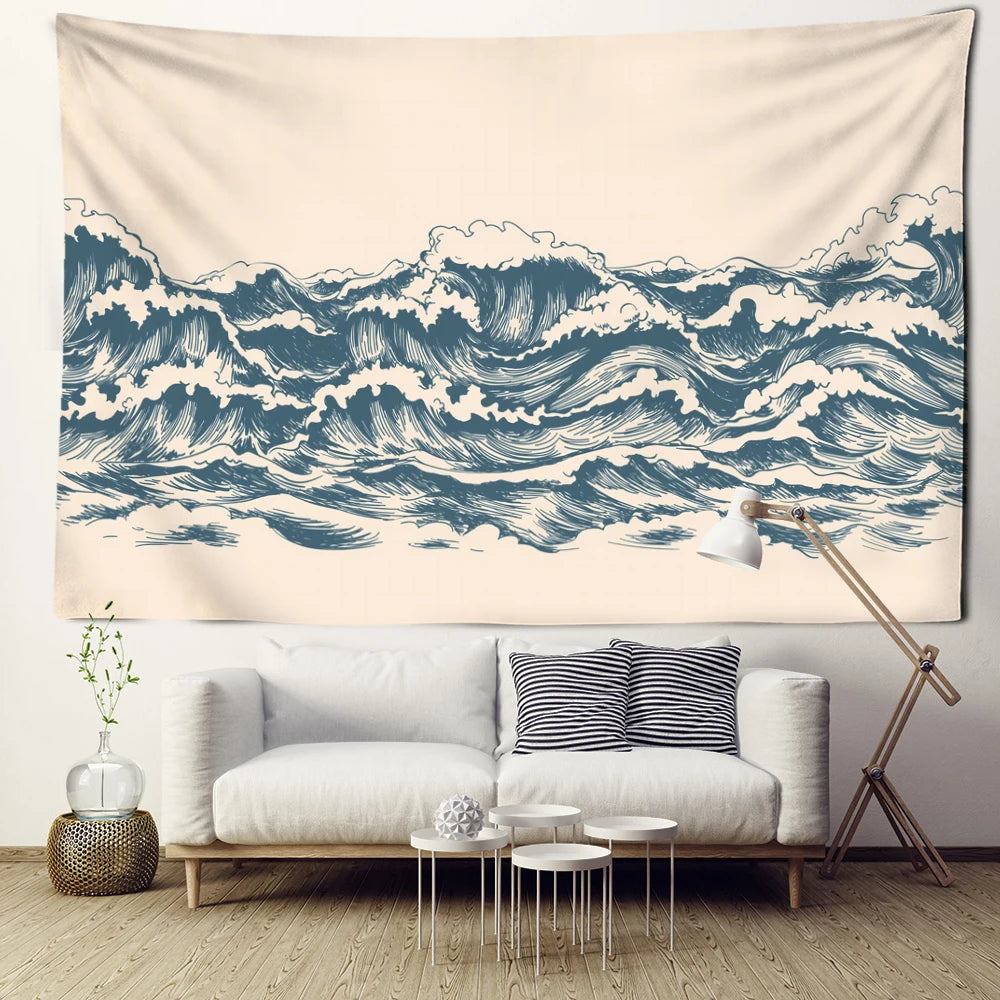 Beige Cartoon Wave Tapestry Wall Hanging Minimalist Wall Art