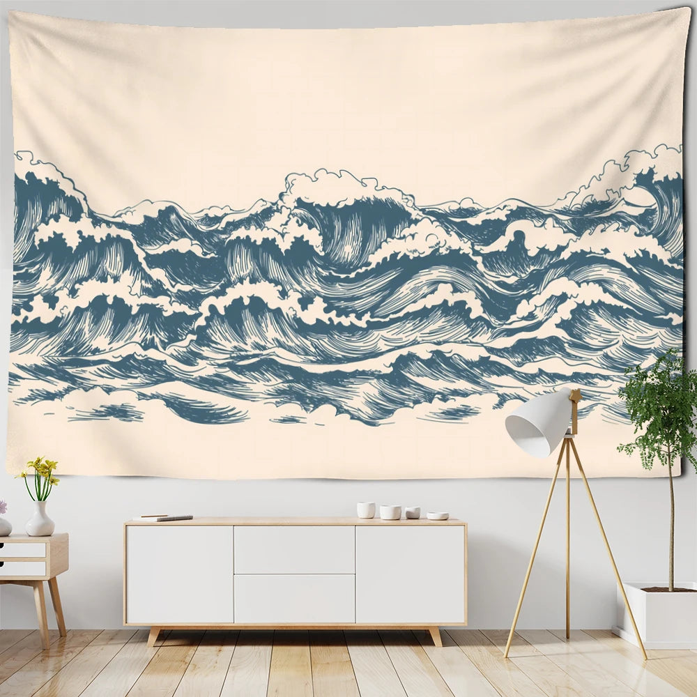 Beige Cartoon Wave Tapestry Wall Hanging Minimalist Wall Art