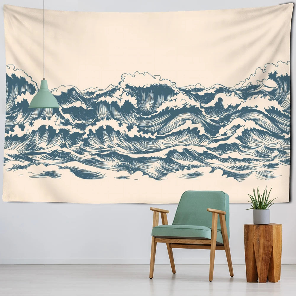 Beige Cartoon Wave Tapestry Wall Hanging Minimalist Wall Art