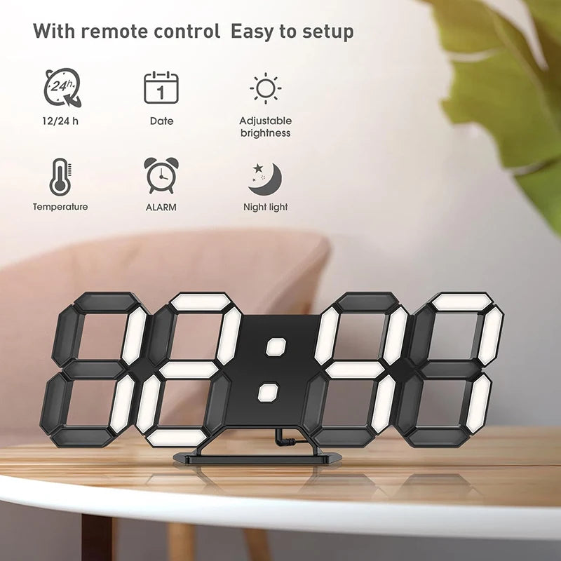 3D LED Digital Wall Clock Desk Alarm Clock with Remote Control