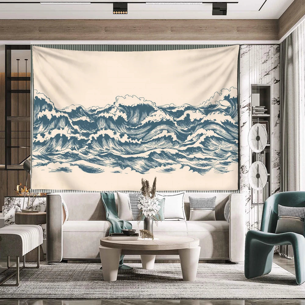 Beige Cartoon Wave Tapestry Wall Hanging Minimalist Wall Art