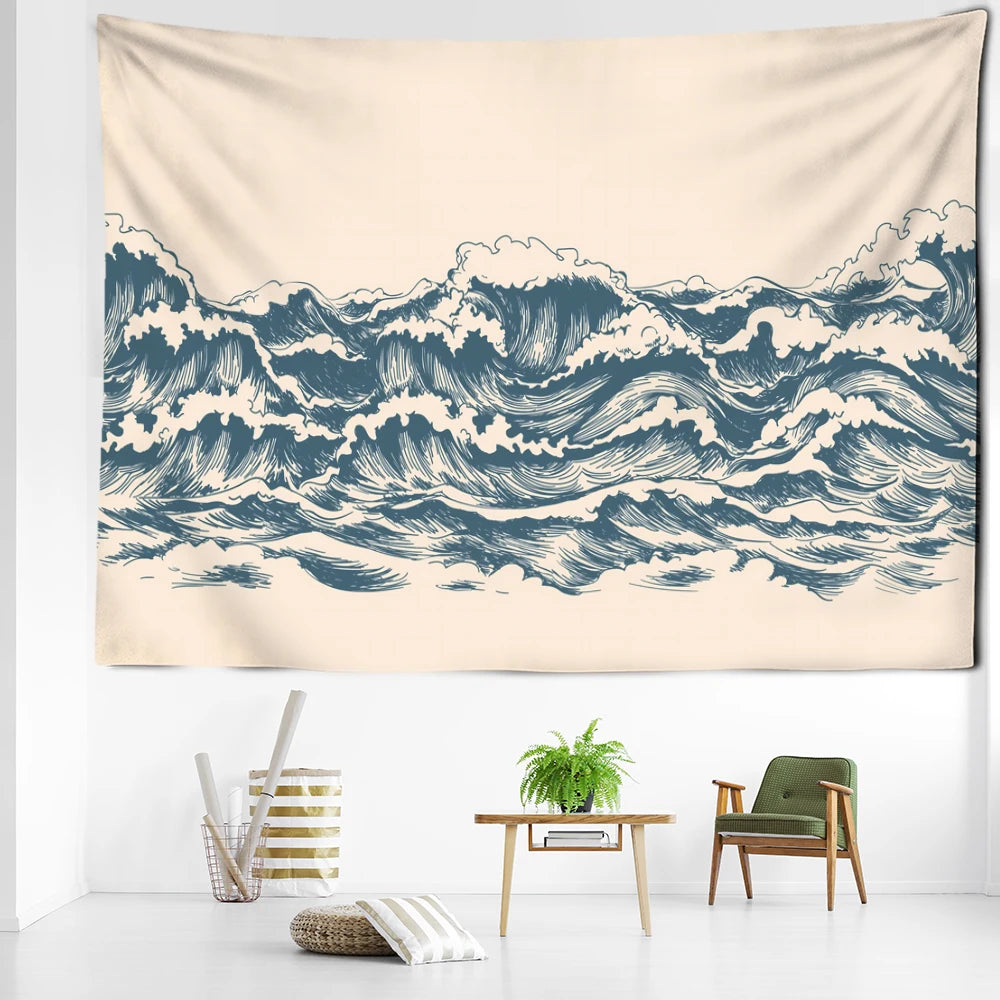 Beige Cartoon Wave Tapestry Wall Hanging Minimalist Wall Art